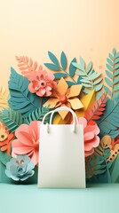 reusable shopping bag leaf background, paper illustration copy space generative ai