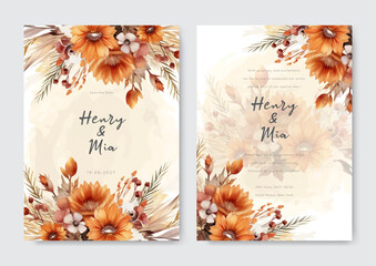 Corner of nude flower arrangement on wedding invitation background. Beautiful wedding card invitation.