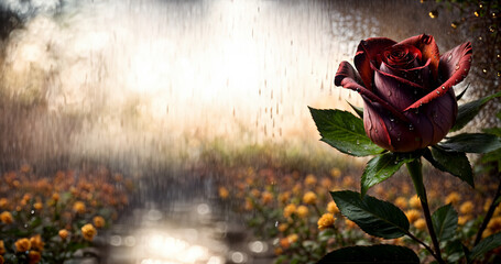 Melancholic Rain: Rose Drenched in Rainwater with a Reflective Background (Generative AI)