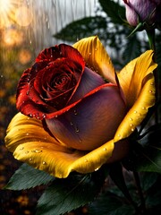 Radiant Rose: A Red and Yellow Beauty with Water Droplets (Generative AI)