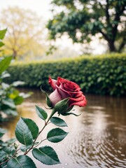 Unrequited Love: Red Rose on a Leafy Branch with Flowing Water (Generative AI)