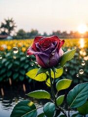 Serene Solitude: Rose Amidst a Vast Field at Sunset (Generative AI)