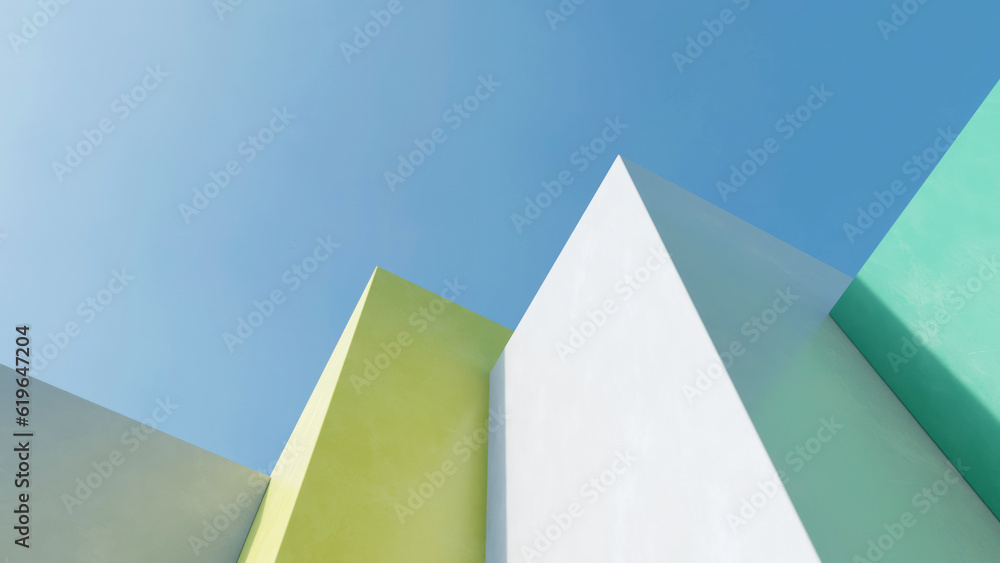 Poster Abstract minimal architecture on blue sky background. 3d rendering.