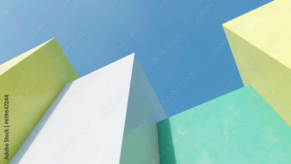 Poster Abstract minimal architecture on blue sky background. 3d rendering.