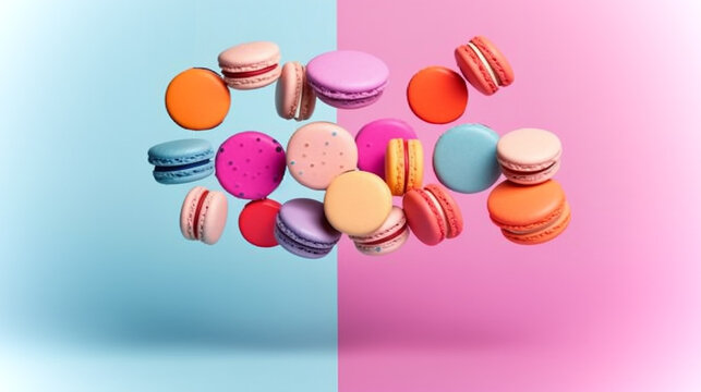 Generative AI image of macaroons suspended in mid-air, defying gravity with their delicate beauty, as if dancing in a whimsical display of sweet enchantment.