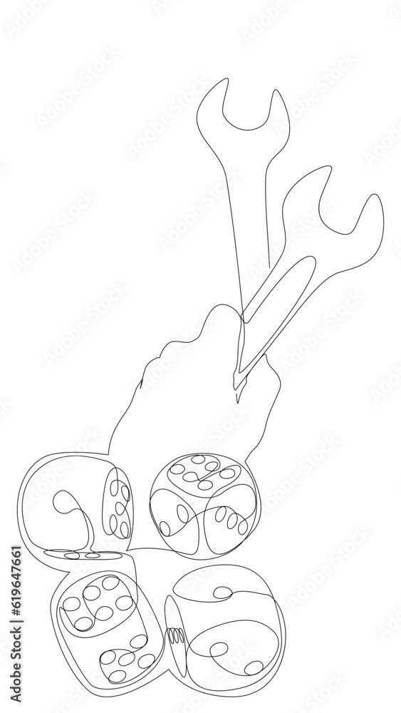 Poster one continuous line of wrench and dice. thin line illustration vector concept. contour drawing creat