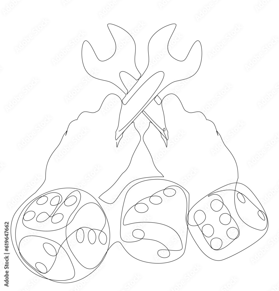 Aufkleber one continuous line of wrench and dice. thin line illustration vector concept. contour drawing creat