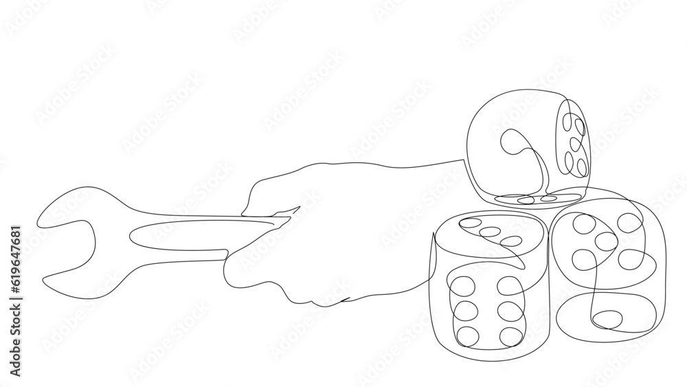 Aufkleber one continuous line of wrench and dice. thin line illustration vector concept. contour drawing creat