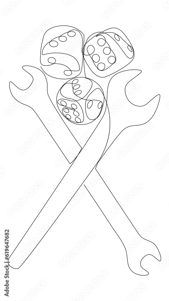 Poster one continuous line of wrench and dice. thin line illustration vector concept. contour drawing creat