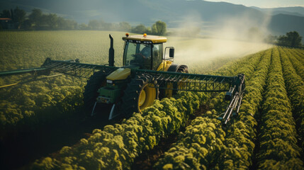 Aerial view of a tractor spraying soybean crops