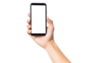 Hand business man holding mobile smartphone with blank screen with space for inserting advertising text. isolated on white background with clipping path