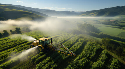 Aerial view of a tractor spraying soybean crops