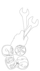 One continuous line of Wrench and dice. Thin Line Illustration vector concept. Contour Drawing Creative ideas.