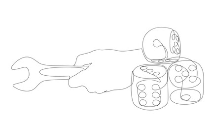 One continuous line of Wrench and dice. Thin Line Illustration vector concept. Contour Drawing Creative ideas.