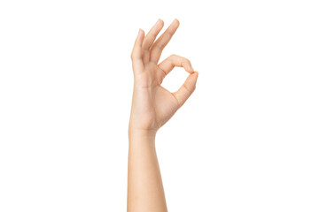 Woman hand ok sign on a white isolated background with clipping path