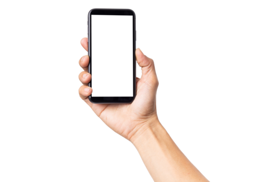 Hand business man holding mobile smartphone with blank screen with space for inserting advertising text. isolated on white background with clipping path