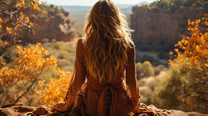 Back view woman sitting at cliff