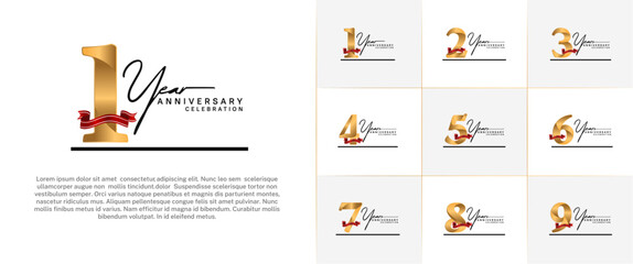 set of anniversary logo with gold number and red ribbon, handwriting text can be use for celebration