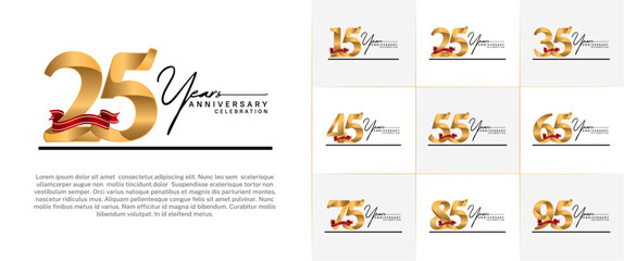 Fototapeta premium set of anniversary logo with gold number and red ribbon, handwriting text can be use for celebration