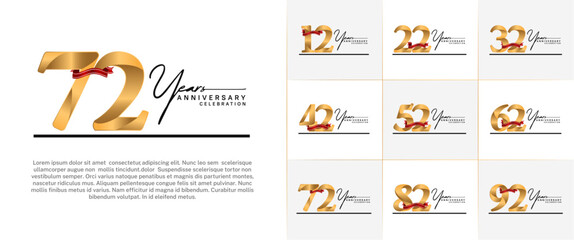 set of anniversary logo with gold number and red ribbon, handwriting text can be use for celebration