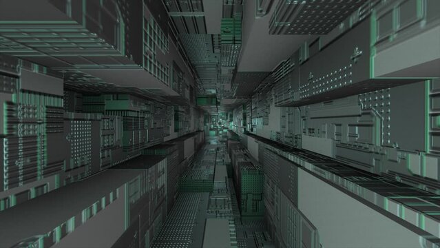 Dark science fiction square tunnel with electronic chip texture background