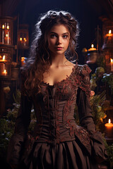 Fototapeta premium Medieval young girl herbalist in the forest. Cover of a fantasy novel. Vertical illustration of Generative AI