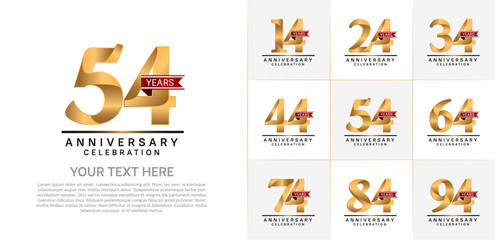 set of anniversary logo with golden number and red ribbon can be use for celebration