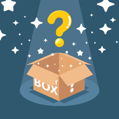 Open Brown mystery gift box and question icon on dark blue background. Random reward present secret loot box isometric concept. Vector illustration cartoon flat design.