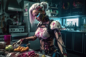 Obraz premium A female android robot based on artificial intelligence. Assistant at home, cleaning, cooking and various entertainment. Cute Woman, nano-technology, revolution in science. Perfection. Generative AI.