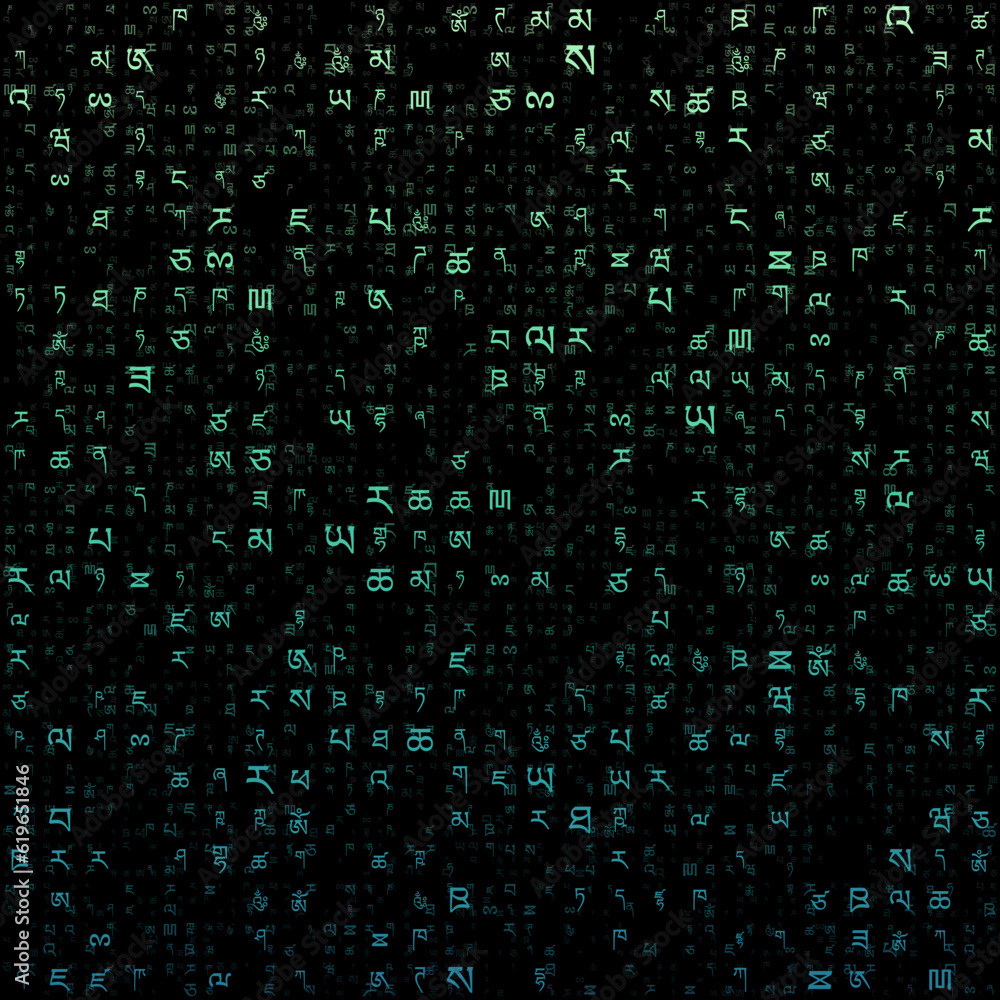 Poster digital background. random letters of tibetan alphabet. gradiented matrix pattern. teal green color 
