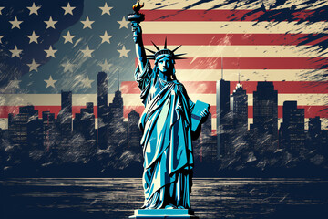 Lady Liberty NYC USA New York City Skyline und Stars and Stripes US Fahne Illustration digital Art. Generative Ai.