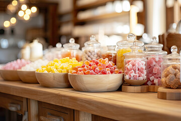 Various sweets on the table in a shop, Generative AI