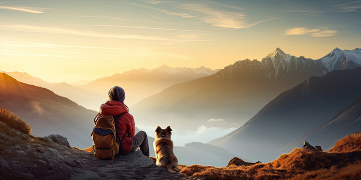 Woman with a dog in a mountains looking at beautiful sunrise, Generative AI