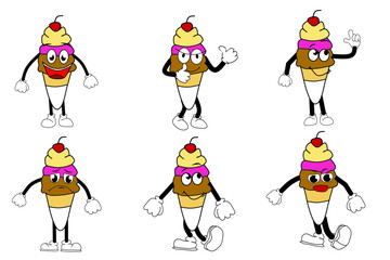 Funny retro ice cream cartoon characters in cute and playful poses. Perfect for kids sticker packs, emoji sets, summer themes, and sweet dessert designs.