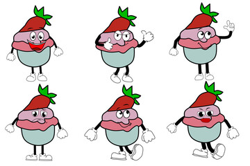 Funny retro cake cartoon characters in various poses and expressions. Perfect for kids sticker packs, emoji sets, and fun dessert-themed designs.