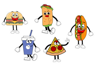 Funny retro junk food cartoon characters like pizza, burger, and hotdog in playful and cute poses. Perfect for kids sticker packs, emoji sets, and fast food-themed designs.
