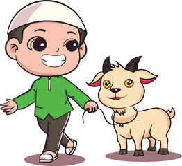 People are sacrificing goats qurban on eid al adha mubarak festival card background, Eid al-adha illustration with child and goat.