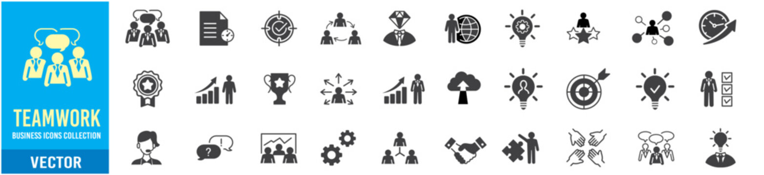 Naklejki Business teamwork, work group, human resources, and team building icon set. 