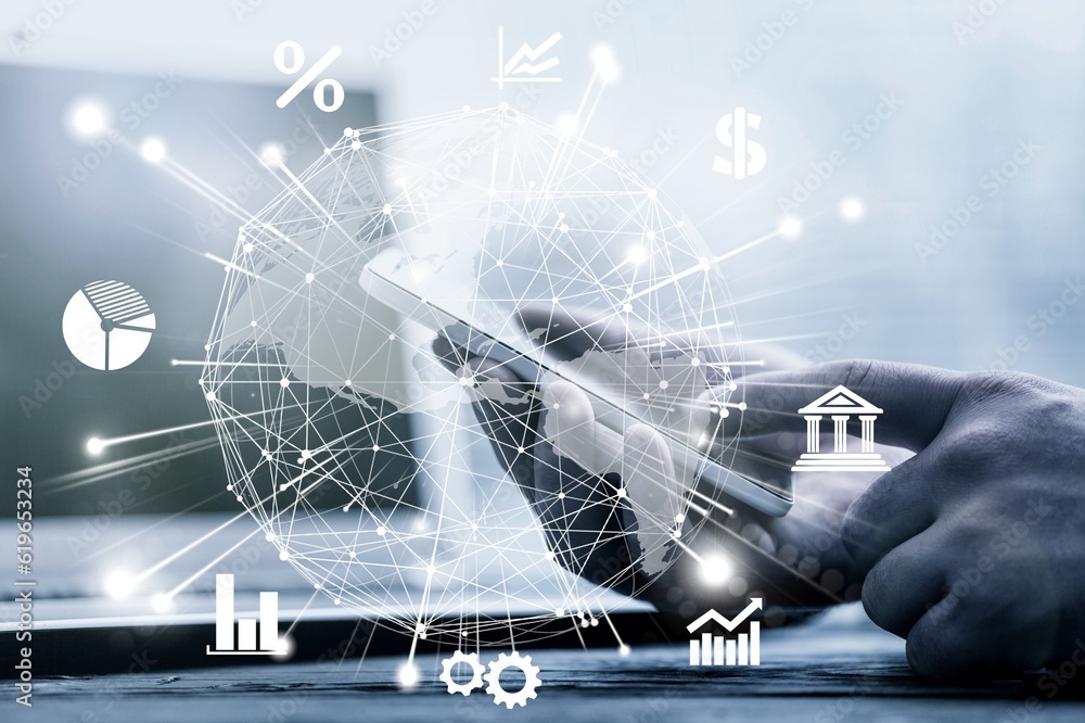 Poster big data technology with man analyzing information