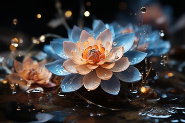 Summer lotus in a pond with water droplets