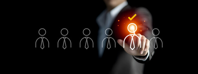 Businessman hand selecting  Job candidates recruitment hiring, Human Resources management concept,...