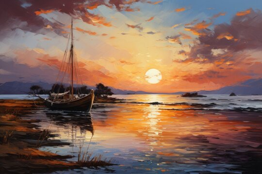 oil painting on canvas of a sailboat at sunset on the sea