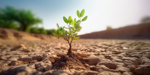 Tree Growth on Cracked Earth, Plant in Arid Soil to Protect Global Warming and Climate Change. Generative Ai