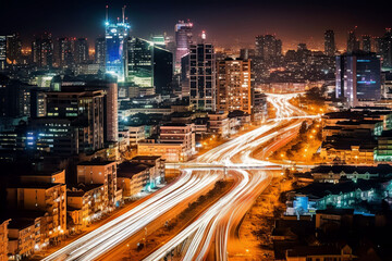 Fototapeta na wymiar Night cityscape of big city and trails of light, Generative AI