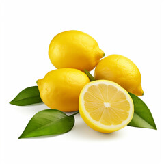 Illustration, AI generation. Lemons with leaves on a white background.