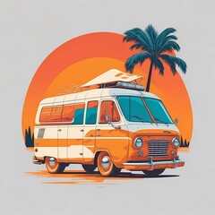 old car with beach background on flat illustration image, generative Ai art