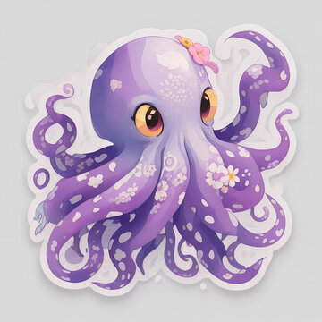 purple octopus with sticker art illustration, generative Ai art