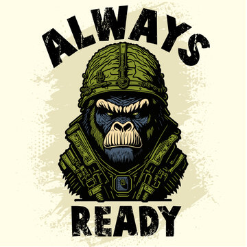 Striking Print Design of a Gorilla Soldier with a Determined Expression always ready