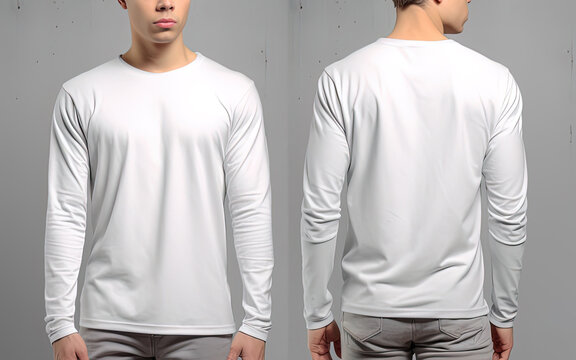 Man wearing a white T-shirt with long sleeves. Front and back view