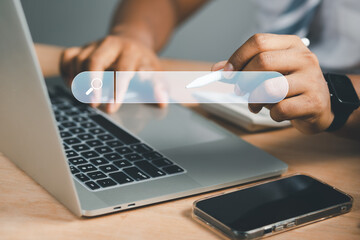 career information search concept Young man browsing online websites using smartphone working at home
